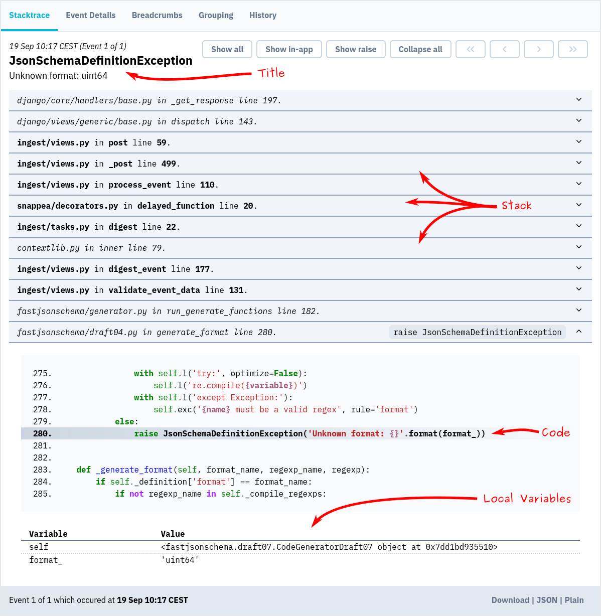 Annotated error event in Bugsink