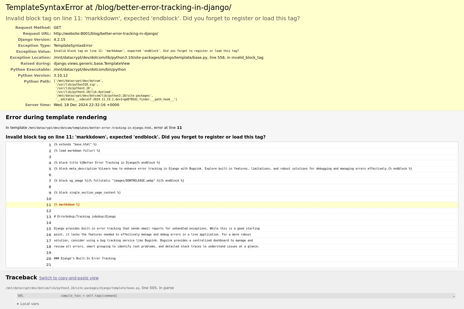 Django error page with DEBUG=True