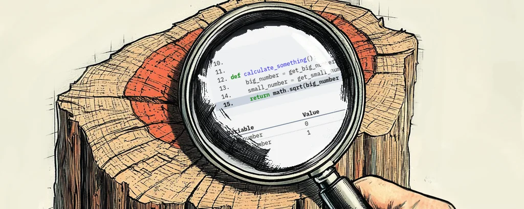 Magnifying glass over a log file showing a stack trace