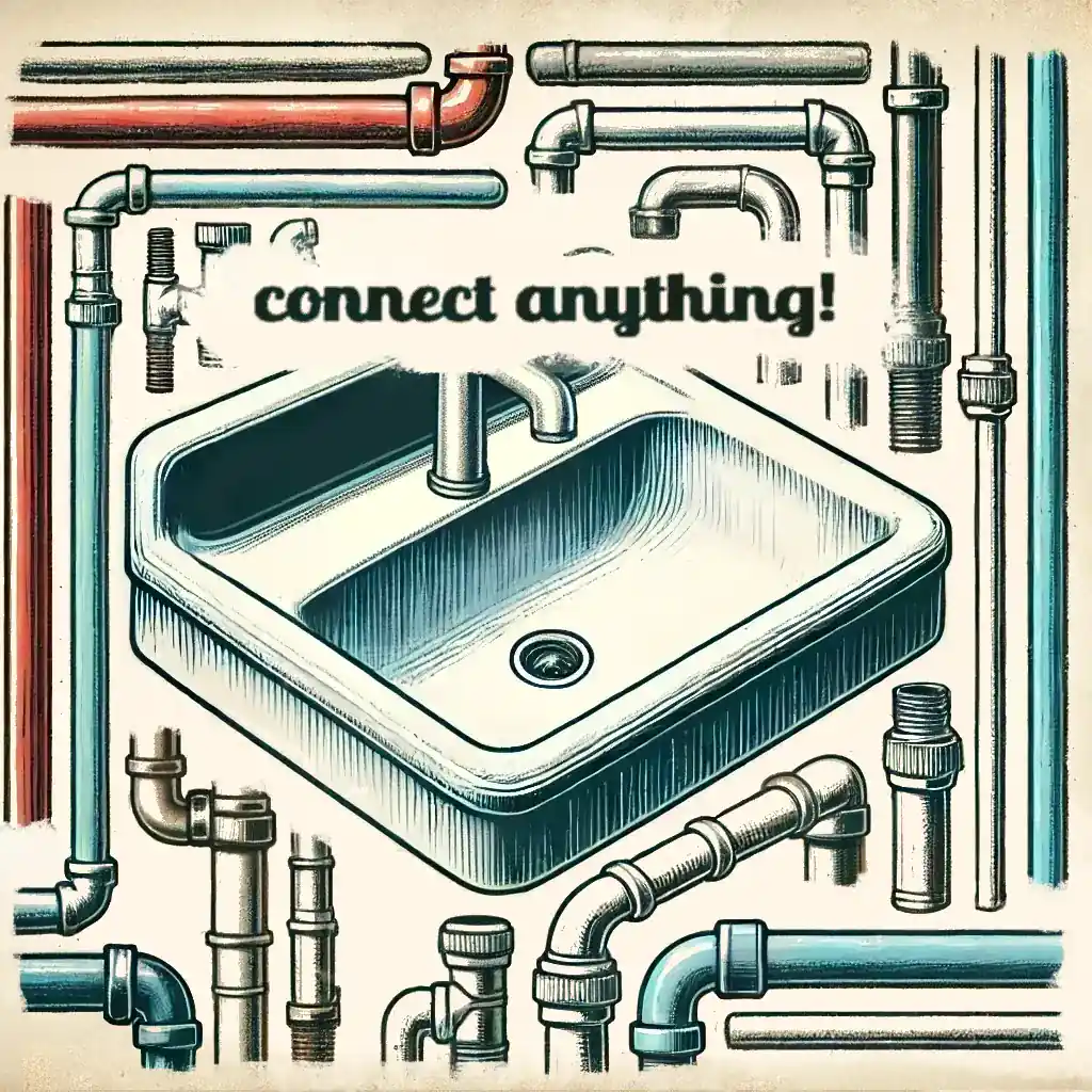 'Connect anything!' - a sink with many pieces of pipe 