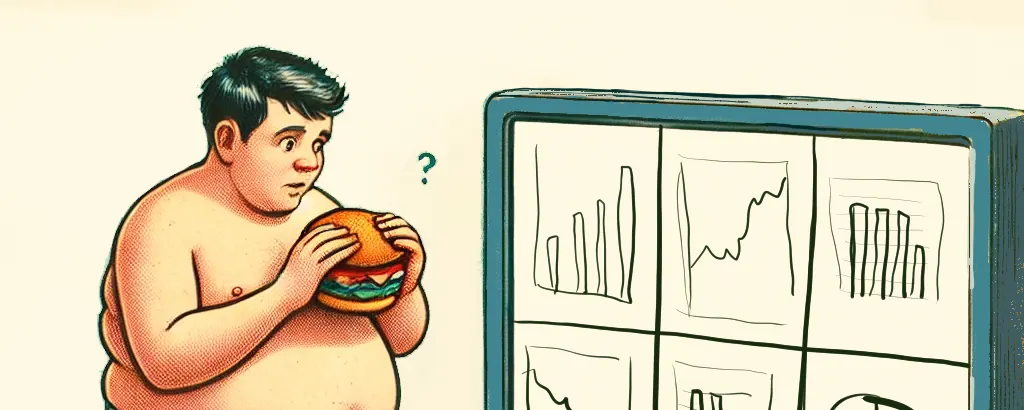 An overweight man with a hamburger in his hands on a scale, looking at measurements