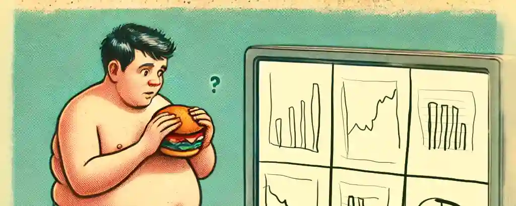 An overweight man with a hamburger in his hands on a scale, looking at measurements