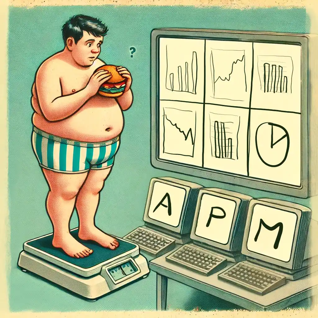 An overweight man with a hamburger in his hands on a scale, looking at measurements