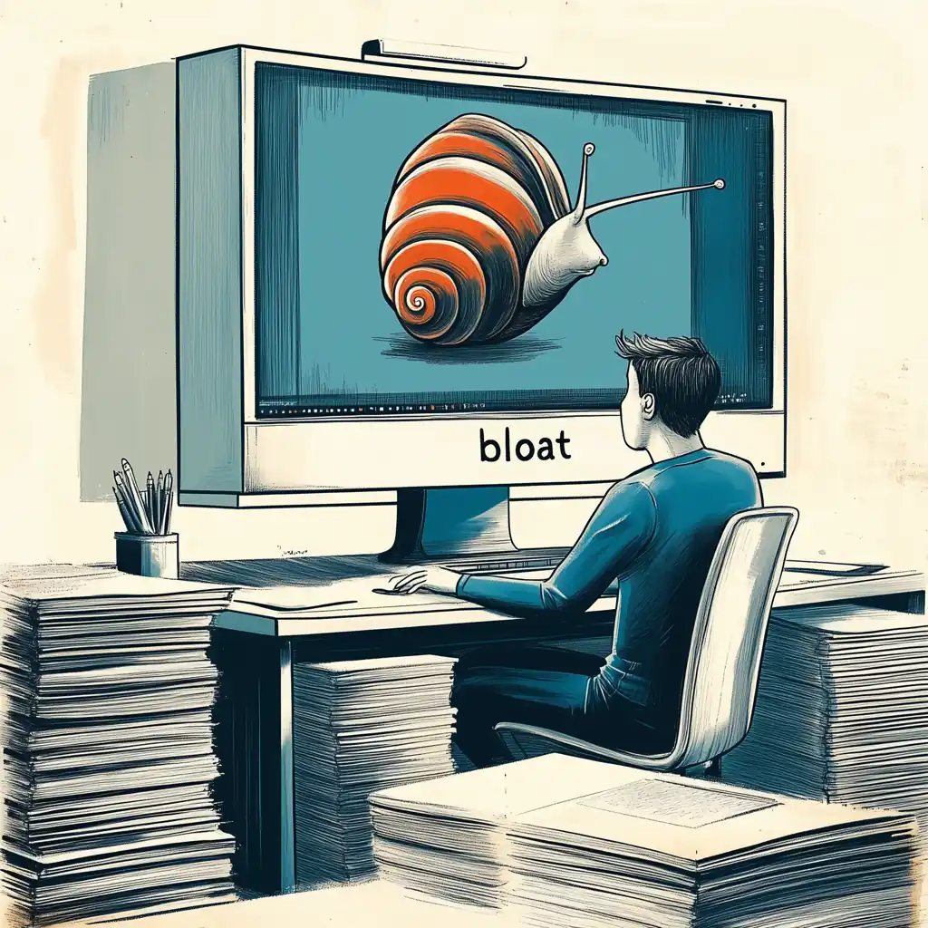 A man surrounded by stacks of paper; a big snail on a monitor