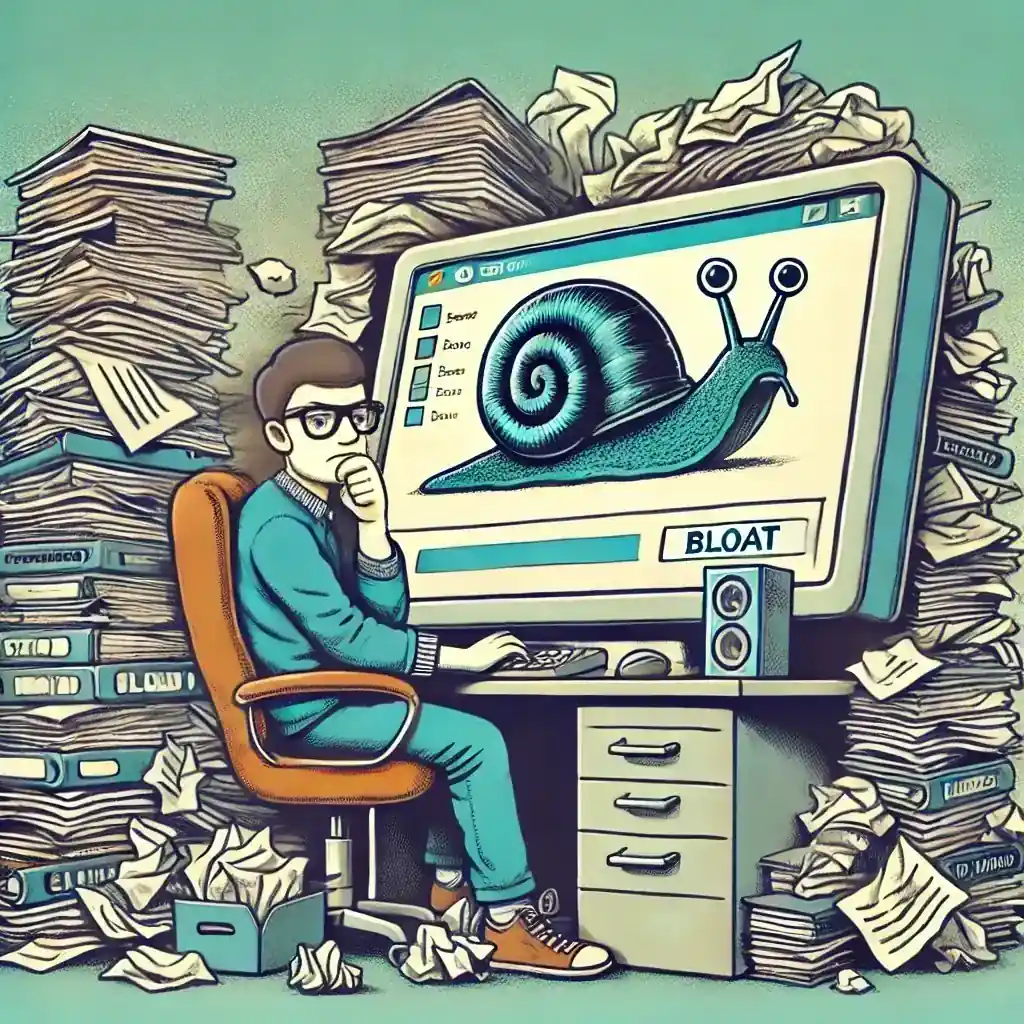 A man surrounded by stacks of paper; a big snail on a monitor